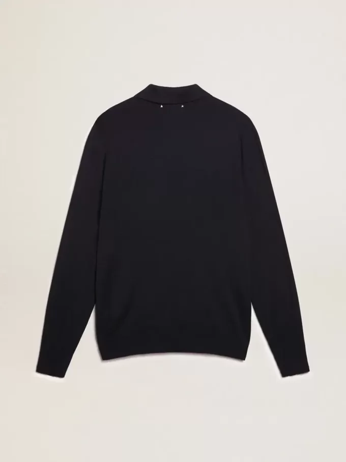 Langärmliges Herren-Poloshirt aus marineblauer Merinowolle Langärmliges Herren-Poloshirt aus marineblauer Merinowolle