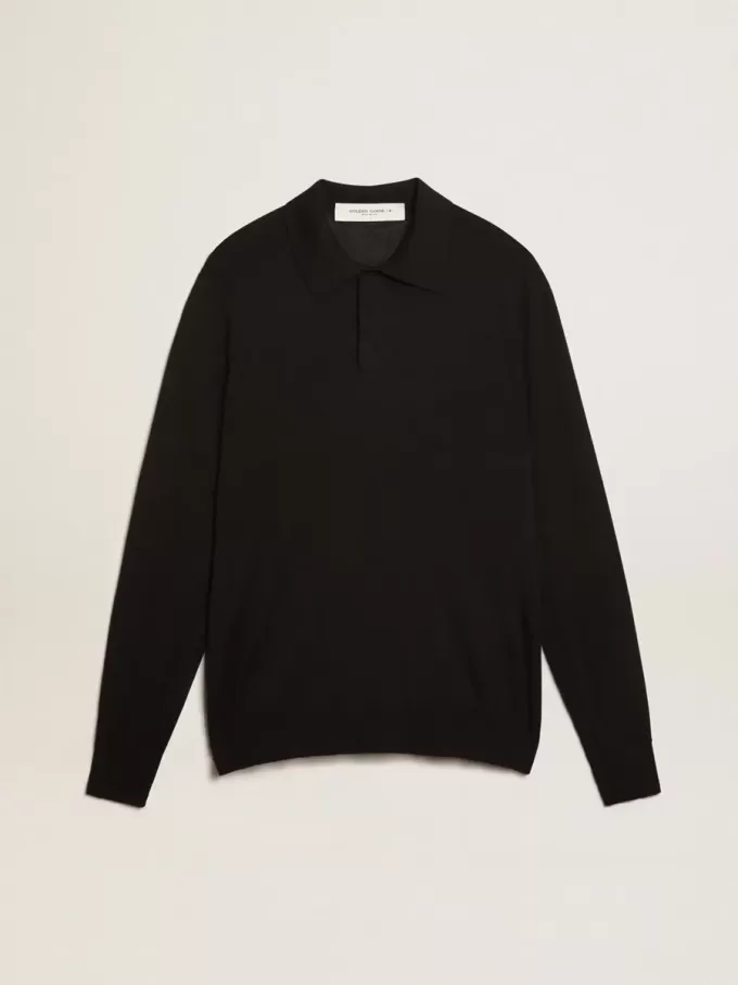 Langärmliges Herren-Poloshirt aus schwarzer Merinowolle
