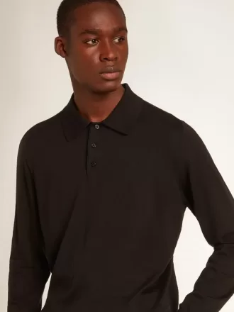 Langärmliges Herren-Poloshirt aus schwarzer Merinowolle