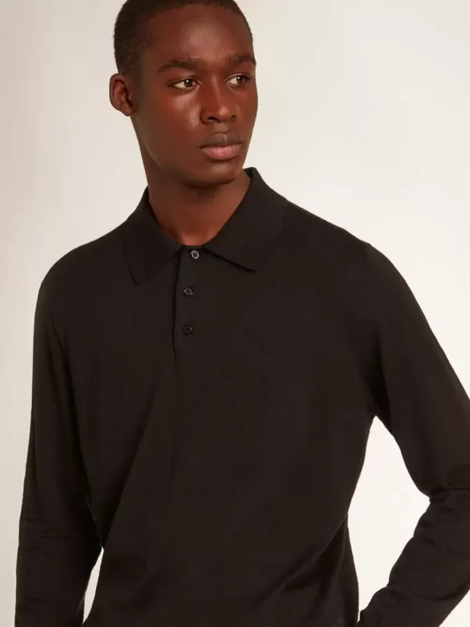 Langärmliges Herren-Poloshirt aus schwarzer Merinowolle