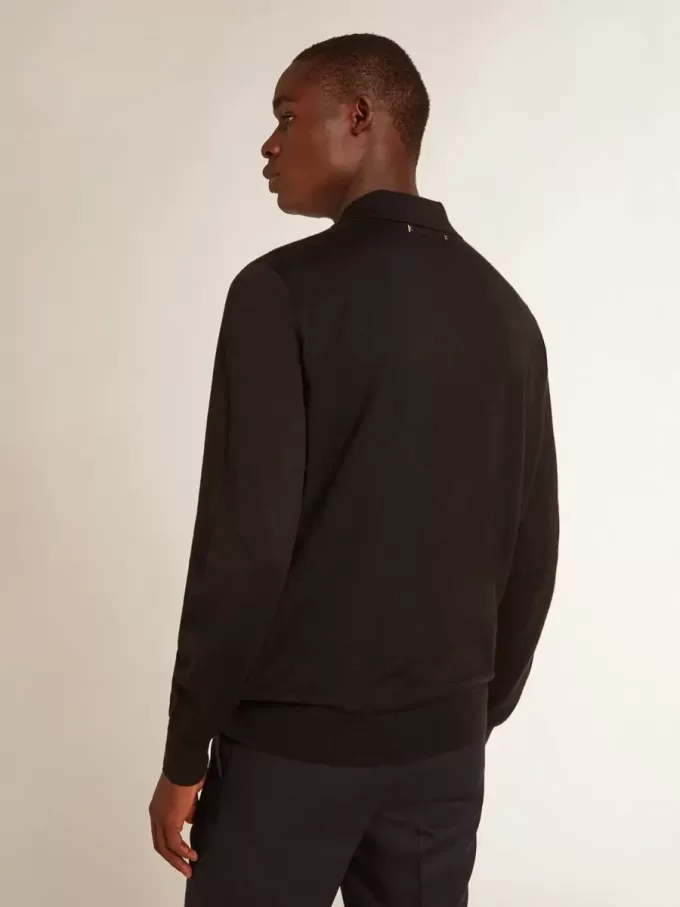 Langärmliges Herren-Poloshirt aus schwarzer Merinowolle