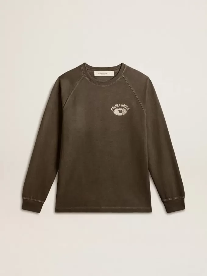 Langärmliges Herren-T-Shirt aus anthrazitgrauer Baumwolle mit Logo auf der Rückseite Langärmliges Herren-T-Shirt aus anthrazitgrauer Baumwolle mit Logo auf der Rückseite