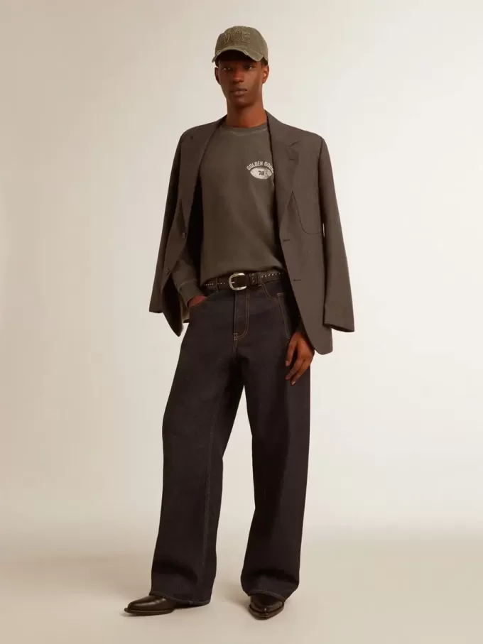 Langärmliges Herren-T-Shirt aus anthrazitgrauer Baumwolle mit Logo auf der Rückseite Langärmliges Herren-T-Shirt aus anthrazitgrauer Baumwolle mit Logo auf der Rückseite