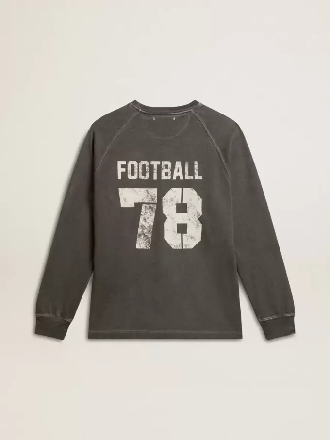 Langärmliges Herren-T-Shirt aus anthrazitgrauer Baumwolle mit Logo auf der Rückseite Langärmliges Herren-T-Shirt aus anthrazitgrauer Baumwolle mit Logo auf der Rückseite