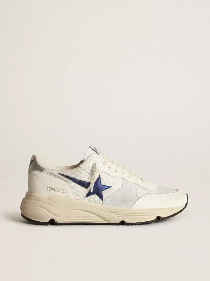 Laufsohle aus weißem Leder und Mesh mit blauem laminiertem Lederstern Laufsohle aus weißem Leder und Mesh mit blauem laminiertem Lederstern