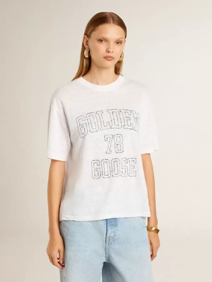 Leichtes weißes Leinen-T-Shirt für Damen mit Aufdruck