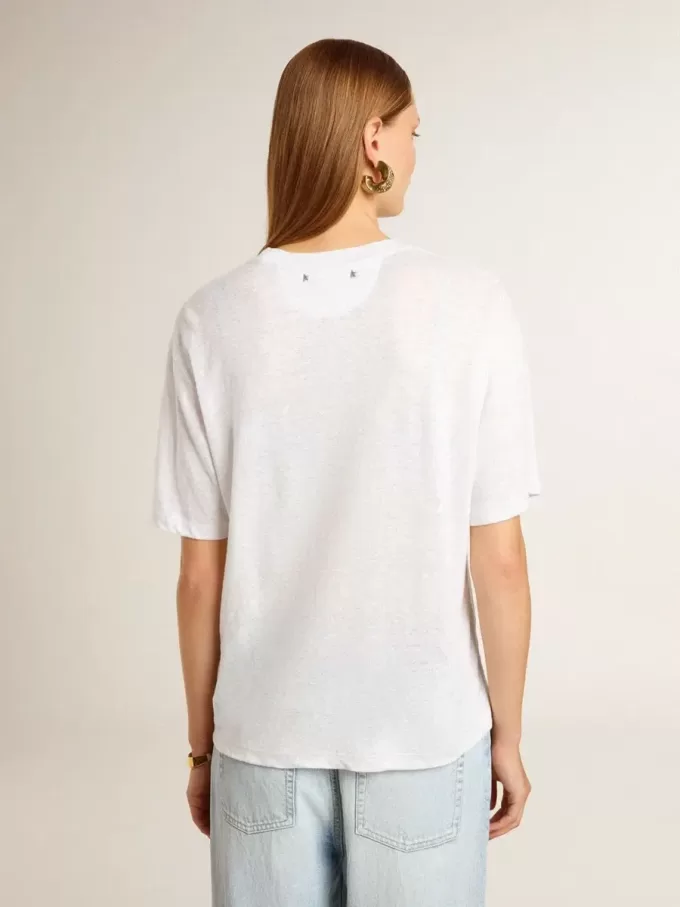Leichtes weißes Leinen-T-Shirt für Damen mit Aufdruck