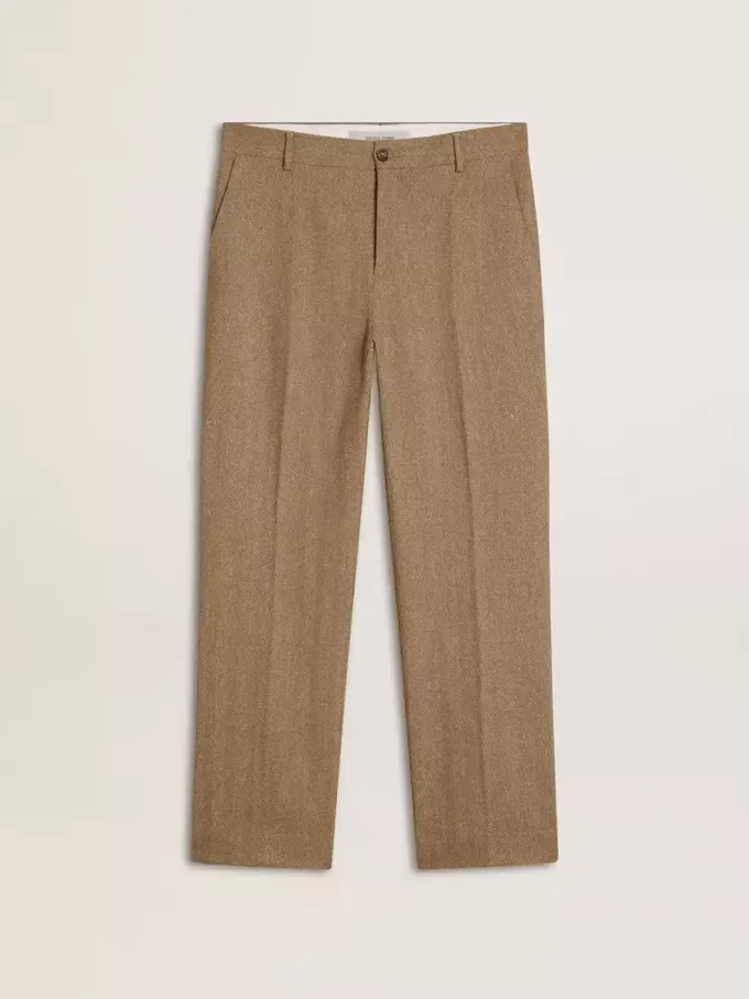 Maßgeschneiderte Hose aus sandfarbenem Chevron-Leinenmix