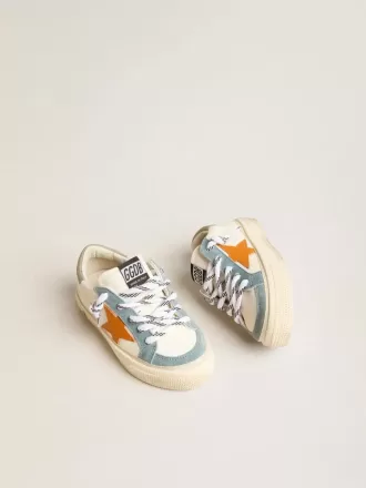May Teen aus Nappaleder mit orangefarbenem Lederstern und blauen Wildledereinsätzen