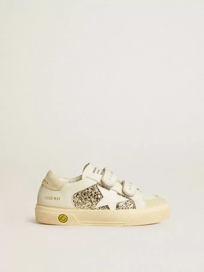 May Teen aus weißem Leder und Goldglitter mit weißem Lederstern