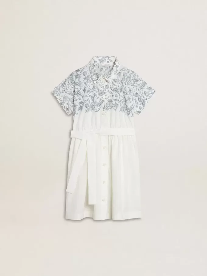 Mädchen-Hemdkleid aus weißer Baumwoll-Canvas mit blauem Marineprint und weißer Paspelierung
