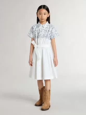 Mädchen-Hemdkleid aus weißer Baumwoll-Canvas mit blauem Marineprint und weißer Paspelierung
