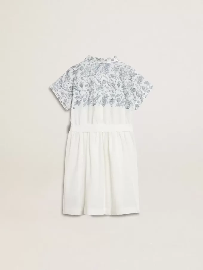 Mädchen-Hemdkleid aus weißer Baumwoll-Canvas mit blauem Marineprint und weißer Paspelierung