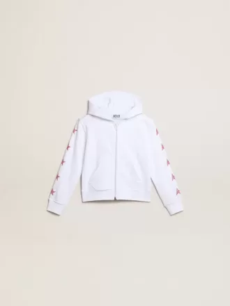 Mädchen-Sweatshirt mit Reißverschluss in Weiß mit Glitzersternen auf den Ärmeln