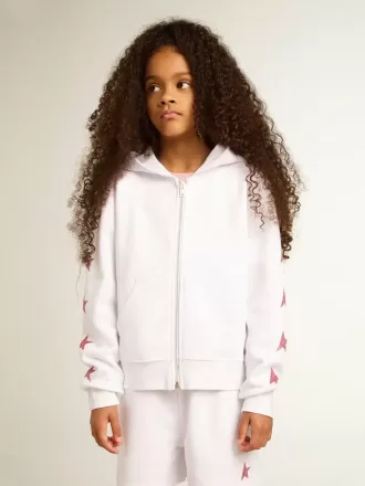 Mädchen-Sweatshirt mit Reißverschluss in Weiß mit Glitzersternen auf den Ärmeln
