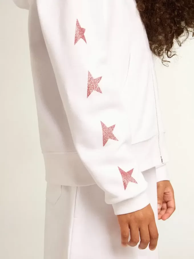 Mädchen-Sweatshirt mit Reißverschluss in Weiß mit Glitzersternen auf den Ärmeln
