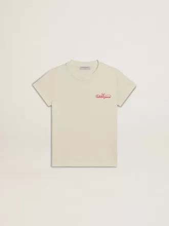 Mädchen-T-Shirt aus Baumwolle in Used-Weiß mit roter Stickerei auf der Brust