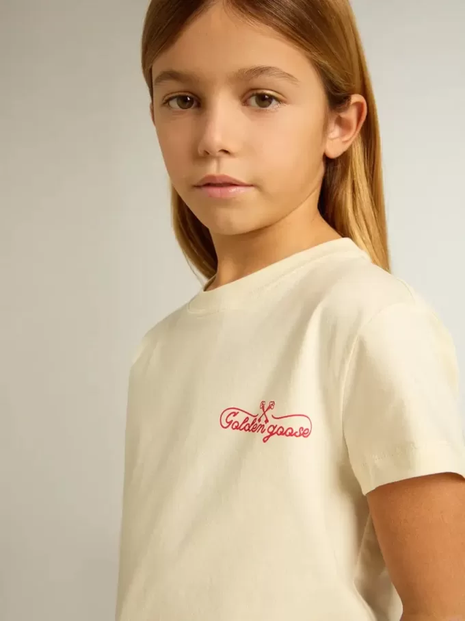 Mädchen-T-Shirt aus Baumwolle in Used-Weiß mit roter Stickerei auf der Brust