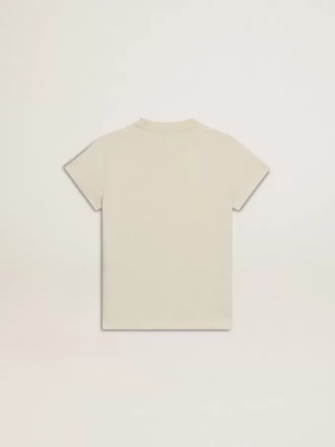 Mädchen-T-Shirt aus Baumwolle in Used-Weiß mit roter Stickerei auf der Brust