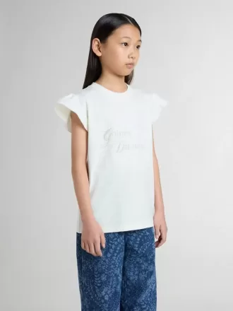 Mädchen-T-Shirt mit Rüschenärmeln, Schriftzug und Stickerei