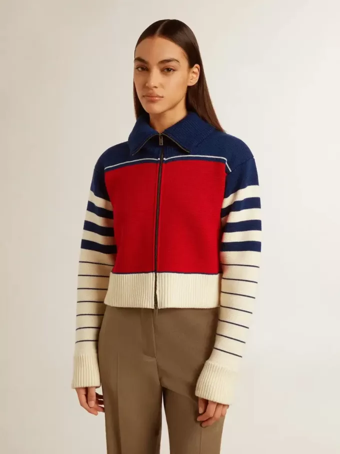 Mehrfarbig gestreiftes, kurzes Sweatshirt aus Wolle für Damen