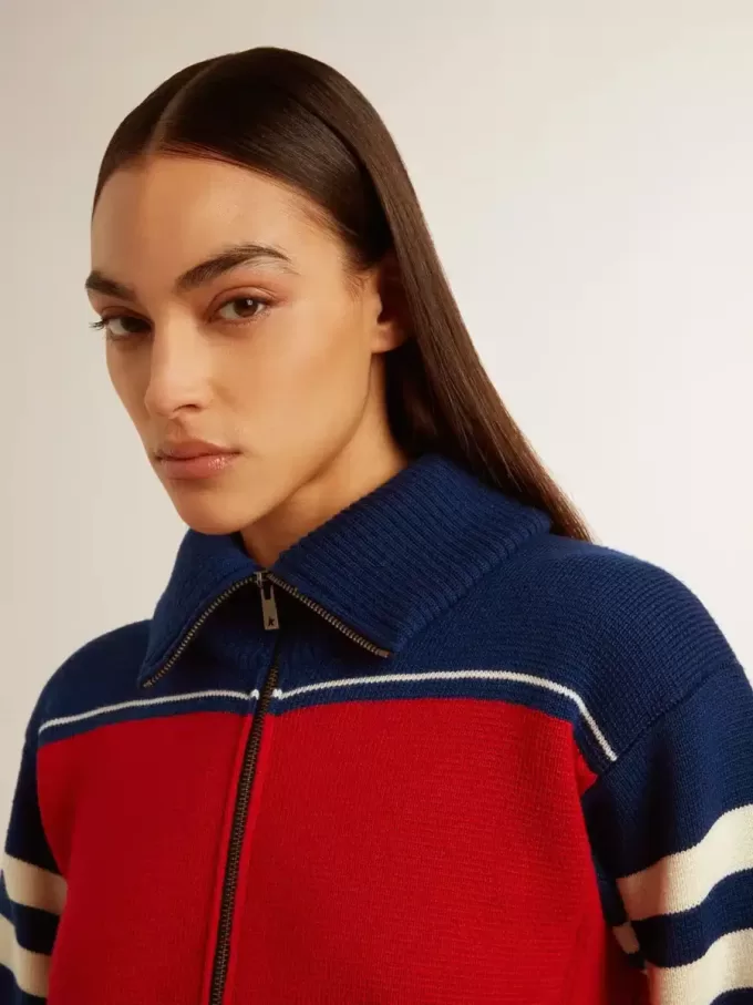 Mehrfarbig gestreiftes, kurzes Sweatshirt aus Wolle für Damen