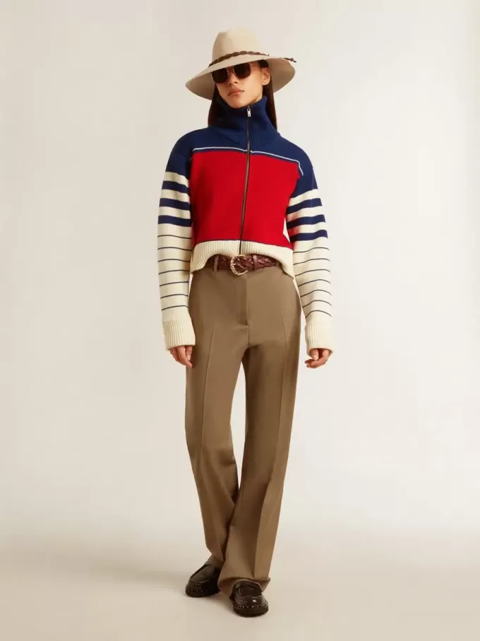 Mehrfarbig gestreiftes, kurzes Sweatshirt aus Wolle für Damen