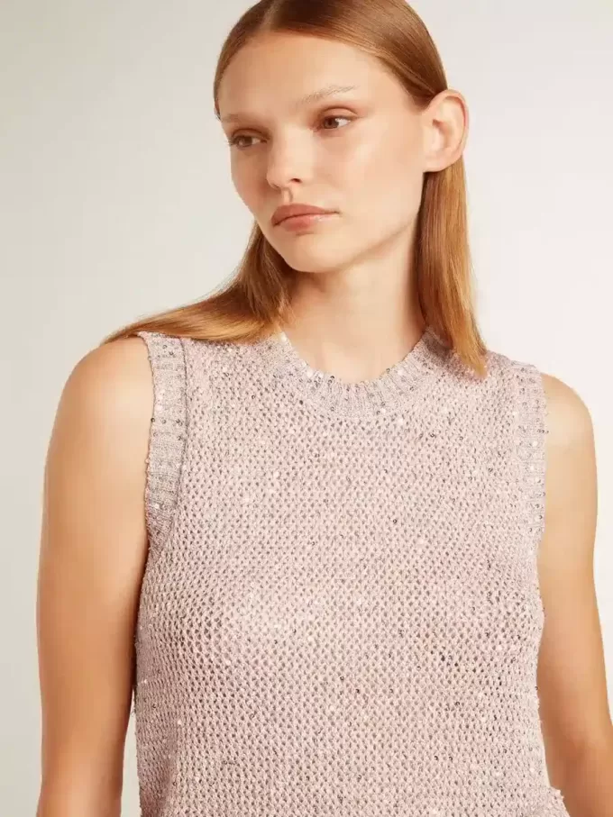 Mesh-Strickoberteil mit Pailletten und kontrastierenden Details