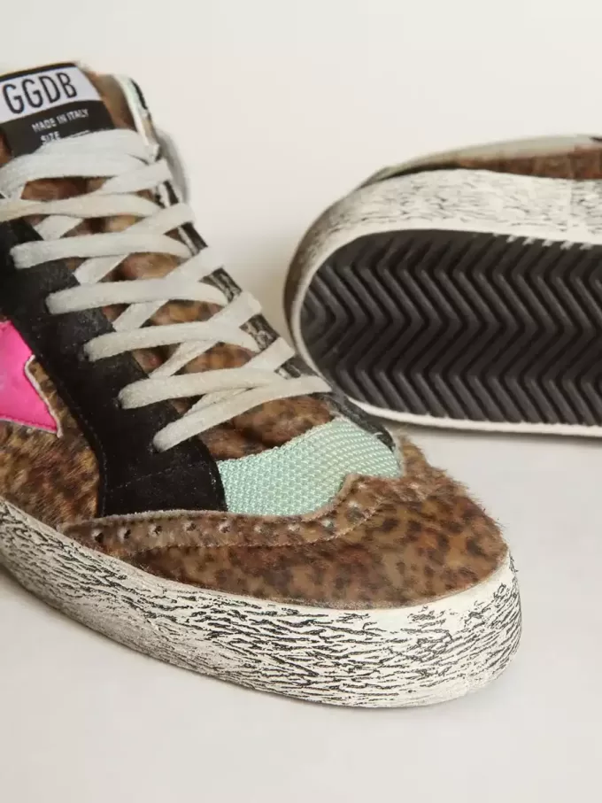 Mid Star aus Ponyfell mit Leopardenmuster und fuchsiafarbenem Lederstern Mid Star aus Ponyfell mit Leopardenmuster und fuchsiafarbenem Lederstern