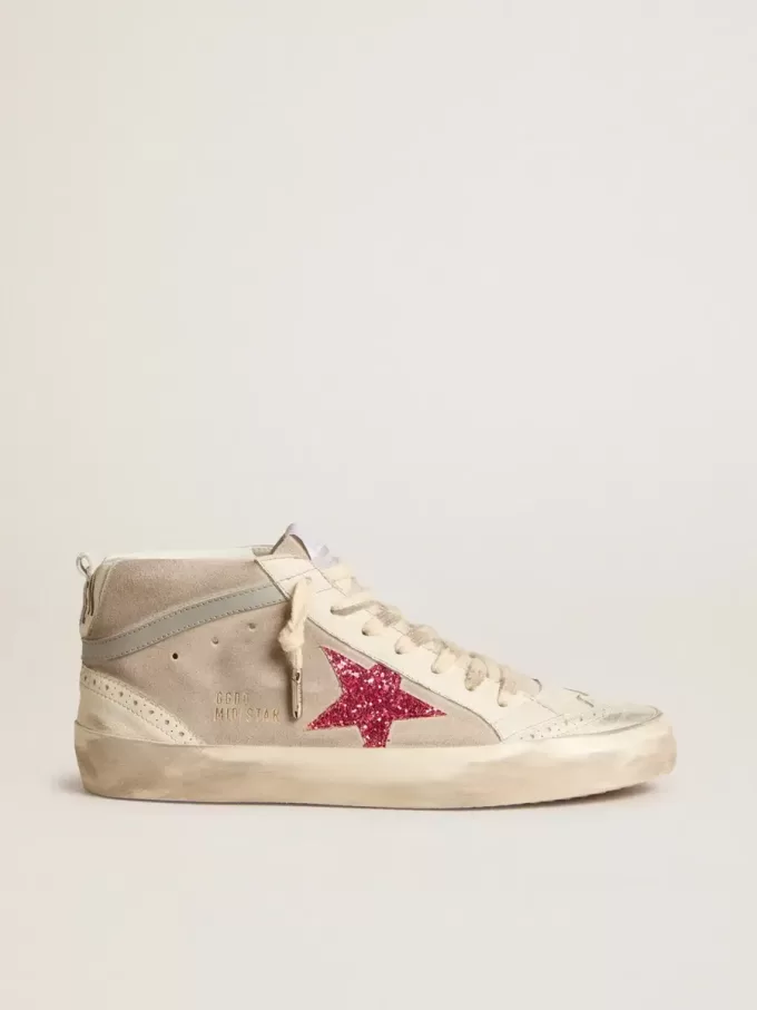 Mid Star aus Wildleder mit fuchsiafarbenem Glitzerstern und grauem Lederstreifen Mid Star aus Wildleder mit fuchsiafarbenem Glitzerstern und grauem Lederstreifen