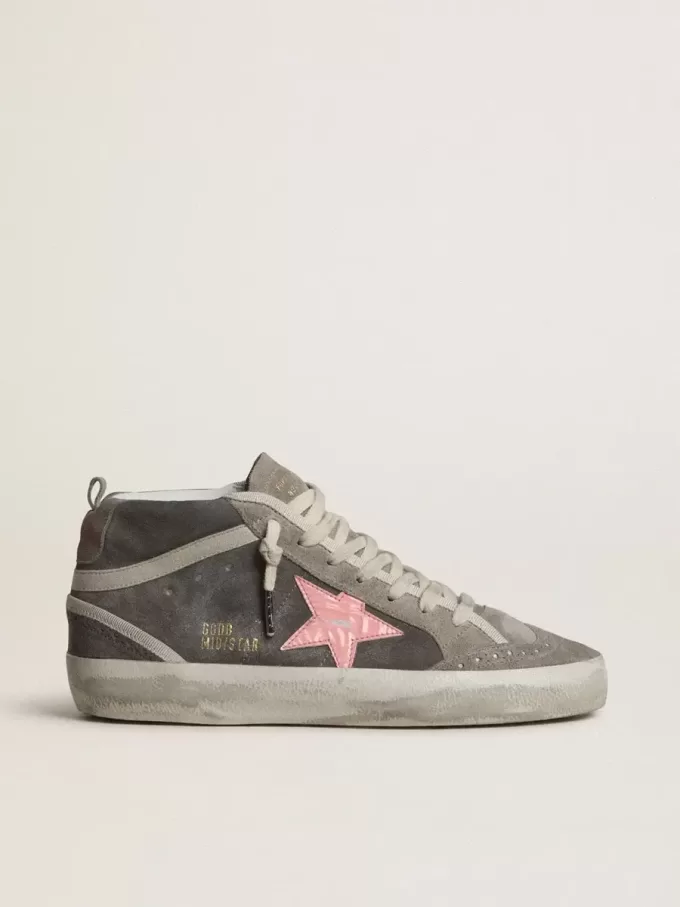 Mid Star für Damen aus grauem Wildleder mit rosa laminiertem Lederstern Mid Star für Damen aus grauem Wildleder mit rosa laminiertem Lederstern