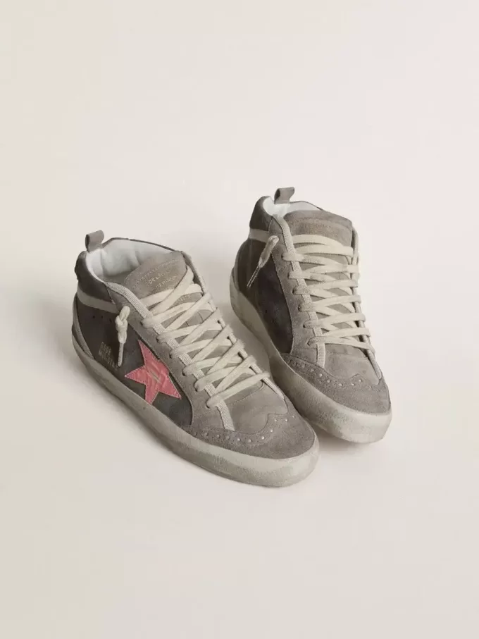 Mid Star für Damen aus grauem Wildleder mit rosa laminiertem Lederstern Mid Star für Damen aus grauem Wildleder mit rosa laminiertem Lederstern