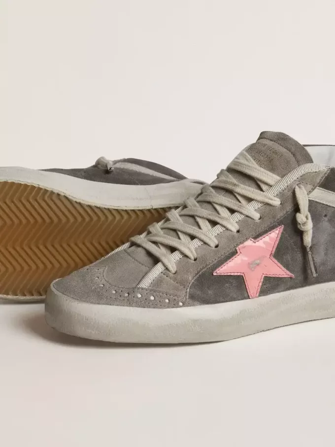 Mid Star für Damen aus grauem Wildleder mit rosa laminiertem Lederstern Mid Star für Damen aus grauem Wildleder mit rosa laminiertem Lederstern