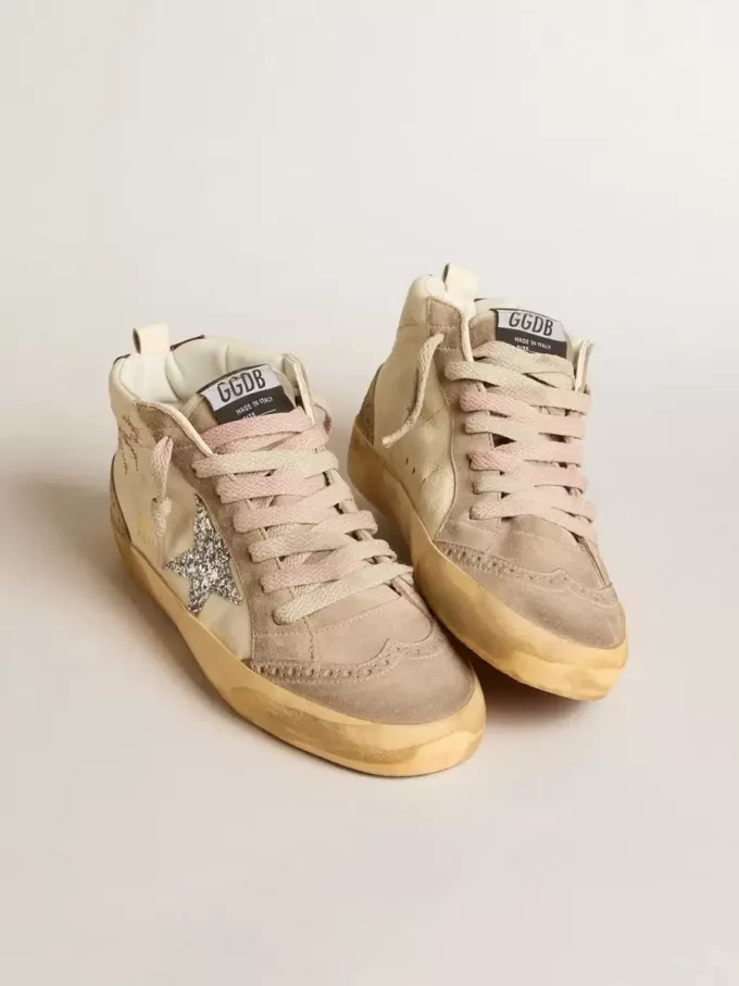 Mid Star für Damen aus Nappaleder mit Blumenstickerei und silbernem Glitzerstern