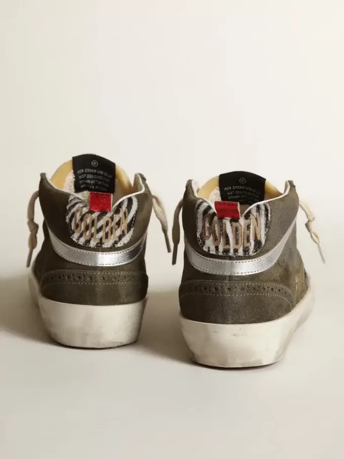 Mid-Star für Damen aus olivgrünem Wildleder mit schwarzem Glitzerstern und Fersenlasche aus Ponyfell Mid-Star für Damen aus olivgrünem Wildleder mit schwarzem Glitzerstern und Fersenlasche aus Ponyfell