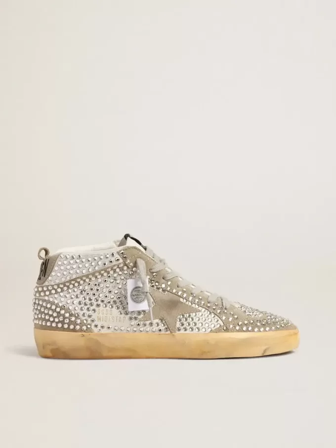 Mid Star für Damen aus weißem und taubengrauem Wildleder mit Swarovski-Kristallen Mid Star für Damen aus weißem und taubengrauem Wildleder mit Swarovski-Kristallen