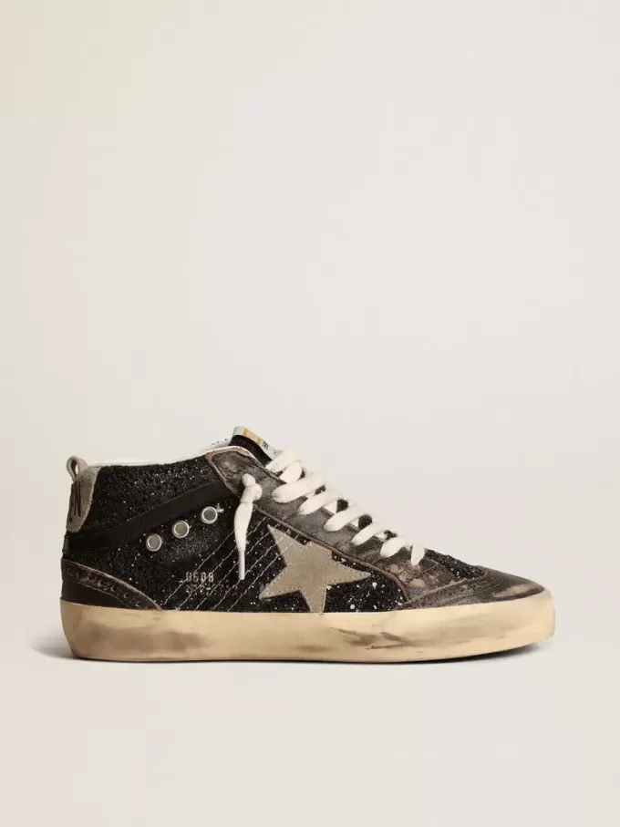 Mid Star für Damen in Schwarz mit Glitzer, taubengrauem Wildleder-Stern und Fersenlasche