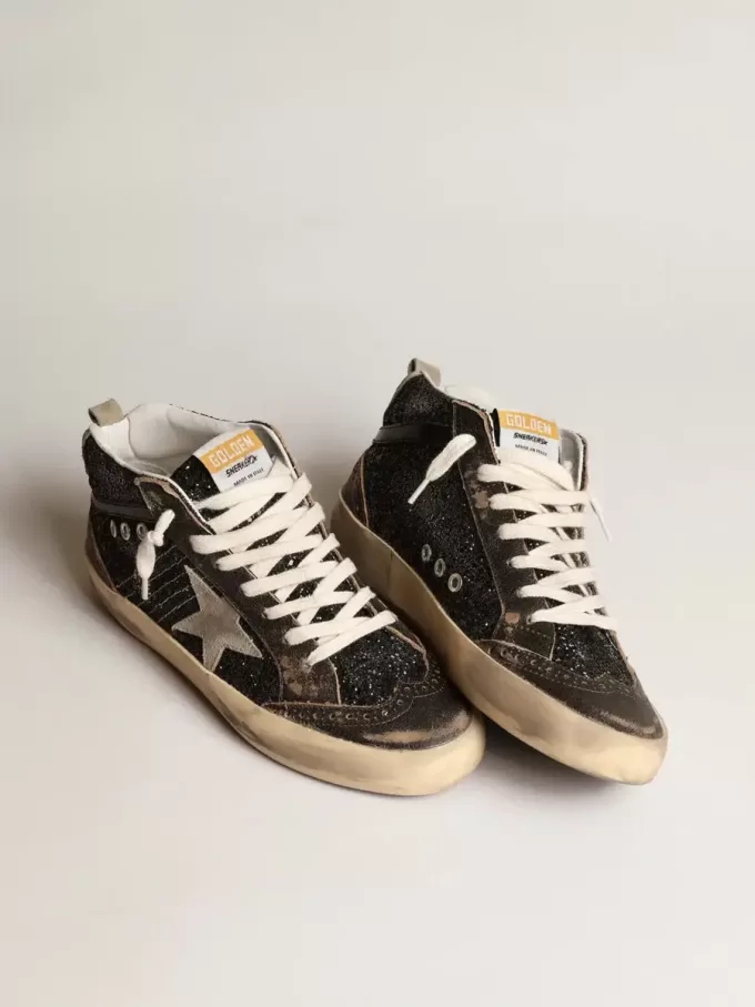 Mid Star für Damen in Schwarz mit Glitzer, taubengrauem Wildleder-Stern und Fersenlasche