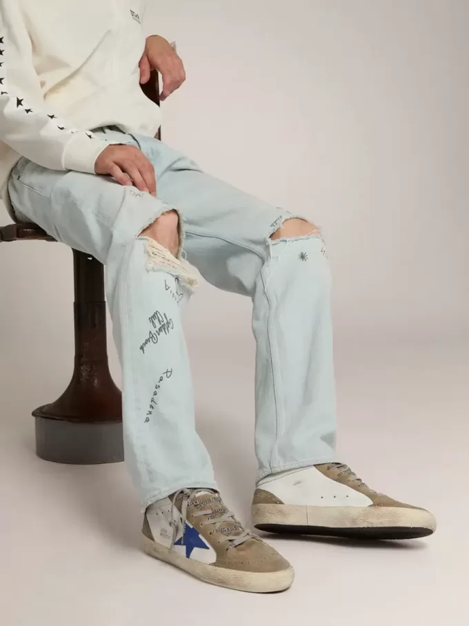 Mid Star für Herren mit blauem Lederstern und taubengrauen Wildledereinsätzen Mid Star für Herren mit blauem Lederstern und taubengrauen Wildledereinsätzen