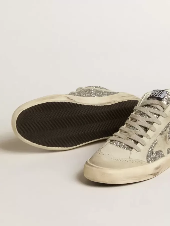 Mid Star in Silberglitter mit eisgrauem Wildlederstern und Blitz