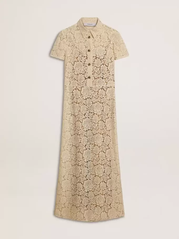 Midi-Kleid für Damen aus cremefarbener, transparenter Spitze Midi-Kleid für Damen aus cremefarbener, transparenter Spitze