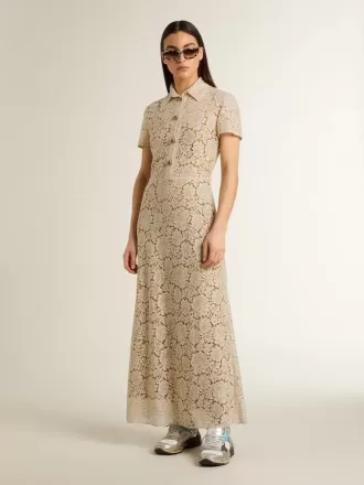 Midi-Kleid für Damen aus cremefarbener, transparenter Spitze