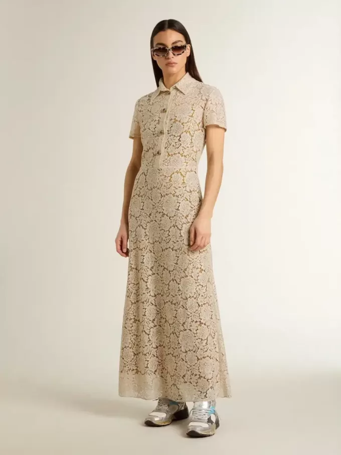 Midi-Kleid für Damen aus cremefarbener, transparenter Spitze Midi-Kleid für Damen aus cremefarbener, transparenter Spitze