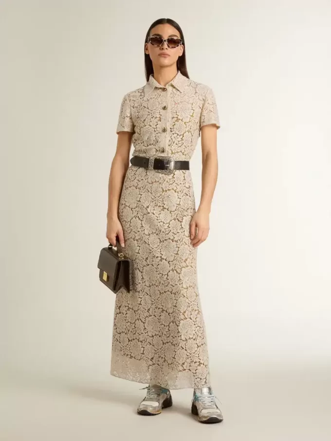 Midi-Kleid für Damen aus cremefarbener, transparenter Spitze Midi-Kleid für Damen aus cremefarbener, transparenter Spitze