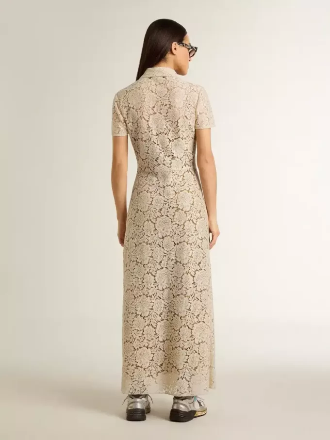 Midi-Kleid für Damen aus cremefarbener, transparenter Spitze Midi-Kleid für Damen aus cremefarbener, transparenter Spitze