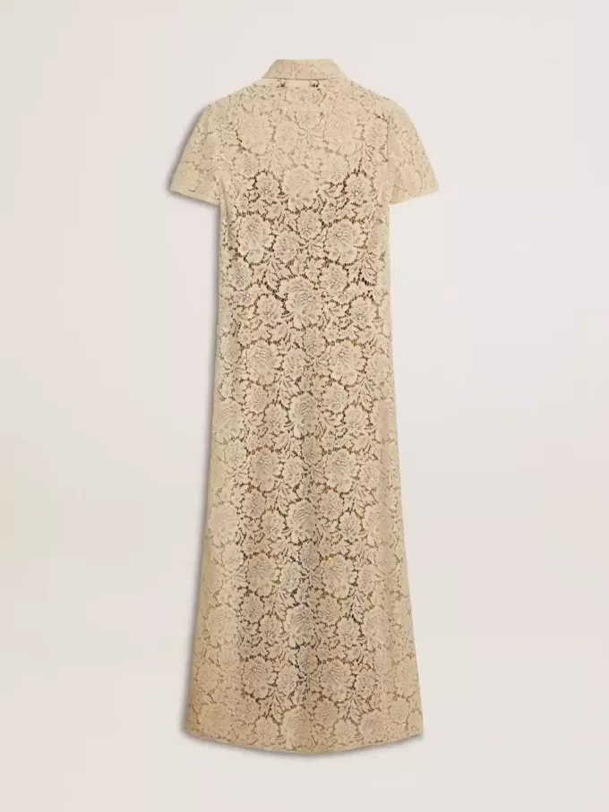 Midi-Kleid für Damen aus cremefarbener, transparenter Spitze Midi-Kleid für Damen aus cremefarbener, transparenter Spitze