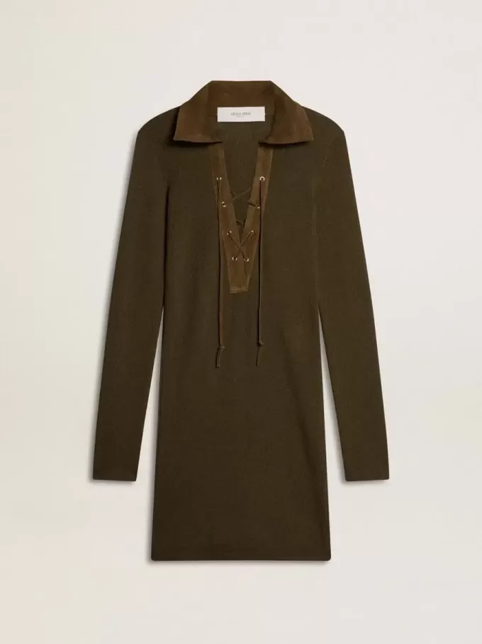 Militärgrünes Minikleid aus Wolle mit Lederdetails Militärgrünes Minikleid aus Wolle mit Lederdetails