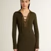 Militärgrünes Minikleid aus Wolle mit Lederdetails Militärgrünes Minikleid aus Wolle mit Lederdetails