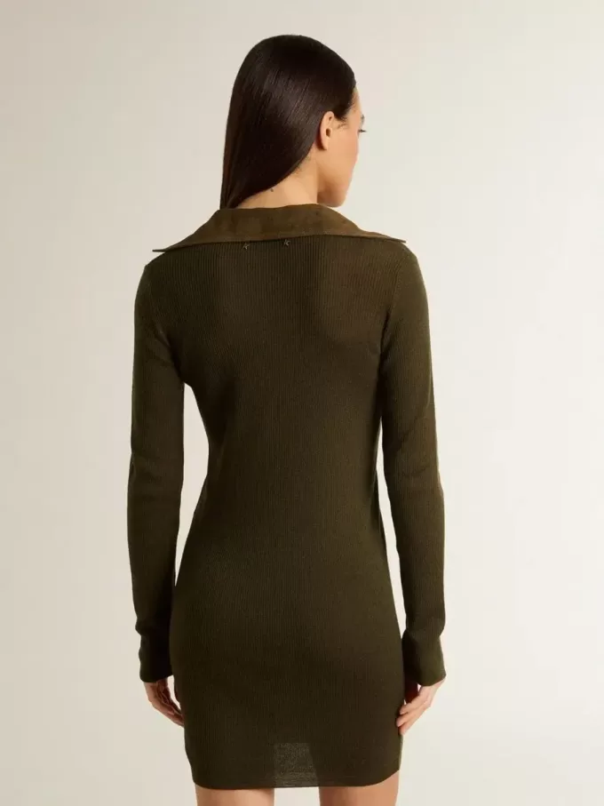 Militärgrünes Minikleid aus Wolle mit Lederdetails Militärgrünes Minikleid aus Wolle mit Lederdetails