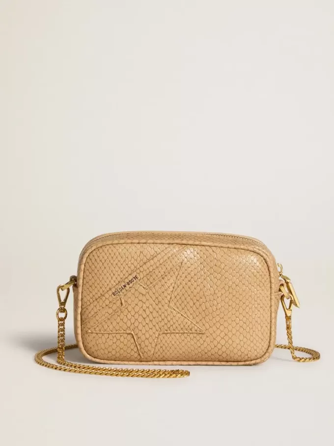Mini Star Bag aus beigem Leder mit Schlangenprint